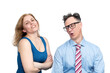 © afxhome - Funny man in glasses and a tie looks askance at the bust of a happy woman in a tight dress, who is nearby, isolated on white background