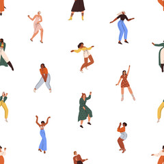 Fototapete - Women dancing pattern. Seamless background with happy girls dancers repeating print. Female characters moving to music, endless texture design for textile. Colored flat graphic vector illustration