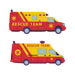 Canvas Print - Red and Yellow Van or Truck with Siren as Rescue Equipment and Emergency Vehicle for Urgent Saving of Life Vector Set