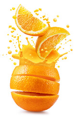Wall Mural - Sliced orange fruit with splash of juicy crown on white background. Conceptual food and drink picture. File contains clipping path.