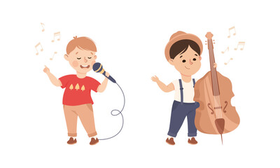 Poster - Set of adorable kids playing musical instruments. Cute boys singing and playing cello cartoon vector illustration