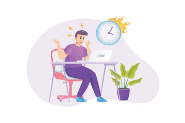 Wall Mural - Deadline concept in flat style with people scene. Frustrated and angry man working on laptop, rushing to complete work tasks on time, getting stressed at overtime. Vector illustration for web design