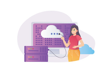 Poster - Cloud computing concept in flat style with people scene. Happy woman working with cloud service platform and maintenances hosting connection, data storage at server. Vector illustration for web design