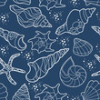 Contour drawing of seashells on a dark blue background. Seashells seamless pattern for wallpaper, wrapping paper, bed, bathroom tiles, clothes or bedding. Phone case or fabric print.