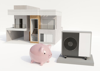 Wall Mural - Air heat pump, piggy bank and house on white background. Modern, environmentally friendly heating. Save your money with air source heat pump. Efficient and renewable source of energy. 3d rendering.