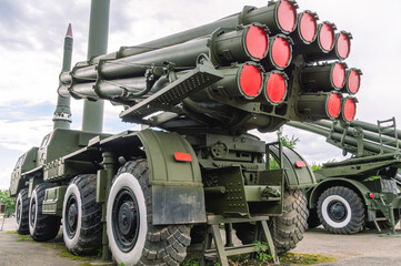 Wall Mural - Soviet and Russian multiple rocket launchers. Field jet system. A launcher for multiple launch rocket systems. Weapons with increased firepower. Multi-shot launcher. Military transport.