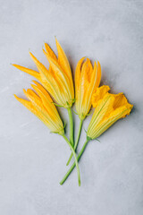 Wall Mural - Zucchini or courgette flowers on gray stone background