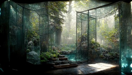 Poster - In the center of the forest, a ray of sunlight illuminates the lawn next to the stone staircase. 3d illustration