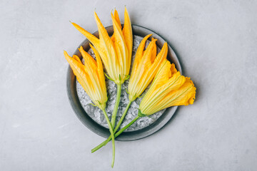 Wall Mural - Zucchini or courgette flowers on gray stone background