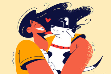 Happy woman hugging cute dog