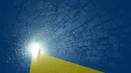 Concept or conceptual blue and yellow tunnel, the Ukrainian flag colors, with a bright light at the end as metaphor to hope and faith. A 3d illustration of a black silhouette of walking man to freedom