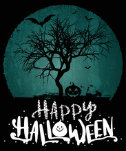 Happy Halloween Shirt Print Template, Pumpkin Bat Tree Vector, Retro Vintage Vector Scary Background Shirt Design