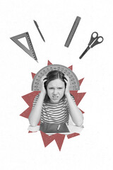 Poster - Creative 3d photo artwork graphics painting of little child tired of education isolated drawing background