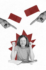 Poster - 3d retro abstract creative artwork template collage of unhappy little child pointing fingers isolated painting background