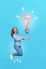 Poster - Photo cartoon comics sketch picture of clever impressed little child catching big bulb isolated drawing background