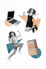 Poster - Vertical banner collage of two girls jump yell notebook book wear school uniform isolated painting on white color background