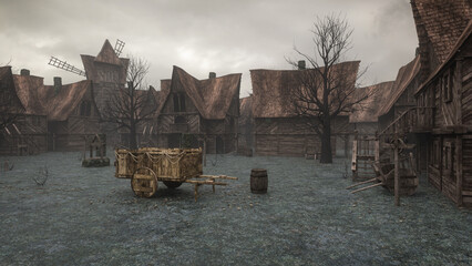 Aufkleber - Dark moody medieval town with wooden carts and buildings. 3D rendering.