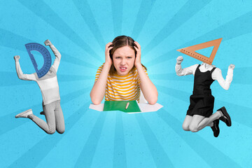 Poster - Poster collage of school girl hard to learn math wear casual cloth isolated on drawing blue color background