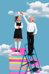 Wall Mural - Vertical composite collage of two happy kids stand ladder book pile stack measure height isolated on clouds sky background
