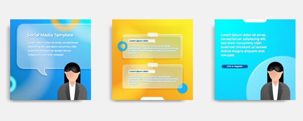 Wall Mural - Social media informative post banner template layout design in blue, yellow, orange background, glassmorphism style with transparent glass frame bubble message