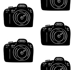 Sticker - Vector seamless pattern of hand drawn doodle sketch black photo camera isolated on white background