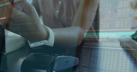 Poster - Animation of lines and data processing over hands of asian woman paying with smartwatch