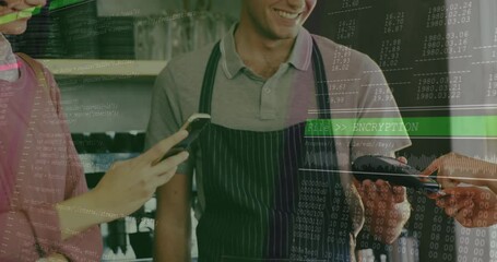 Poster - Animation of lines and data processing over happy caucasian woman paying with smartphone at cafe