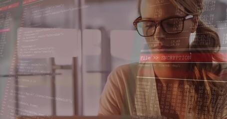 Poster - Animation of data processing over caucasian woman in glasses using laptop