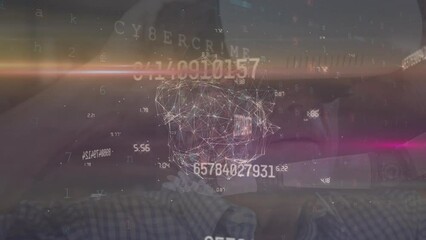 Poster - Animation of numbers, scanning and connections over caucasian man in vr headset