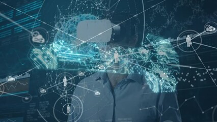 Poster - Animation of data, connections and digital key over caucasian man in vr headset