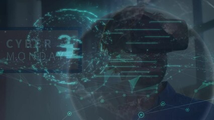 Poster - Animation of data, pound, globe and digital padlock over caucasian man in vr headset