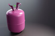 Freon storage tank. Freon gas for refueling air conditioner. Gas cylinder with refrigerant. Freon for air conditioners. Pink gas cylinder on gray. Air conditioning service concept. 3d image