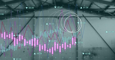 Poster - Animation of graphs, circles and financial data over empty hall