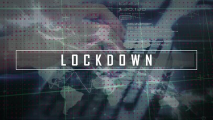 Poster - Animation of lockdown text and data processing over hands typing on keyboard
