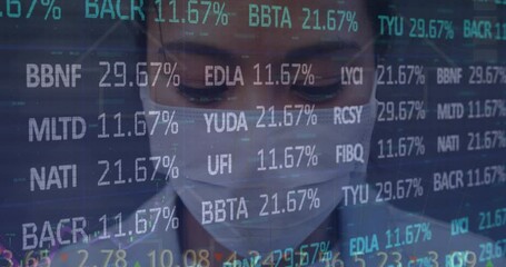 Poster - Animation of stock market and data processing over asian businesswoman wearing face mask