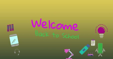 Poster - Animation of welcome back to school and school icons over green background