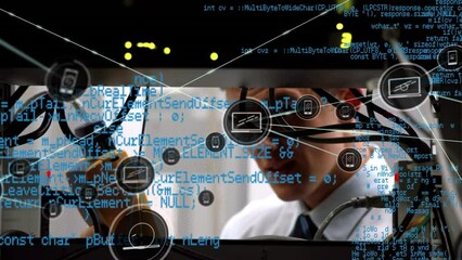 Poster - Animation of data processing over caucasian male worker in server room