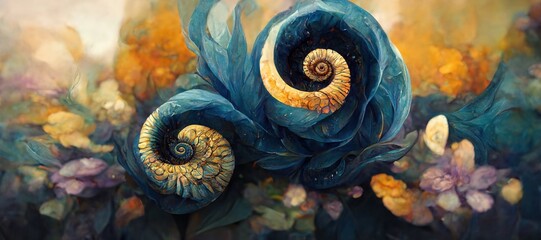 Unusual and strange alien looking ammonite flowers blooming. Surreal floral fantasy forest in gorgeous lapis lazuli and aquamarine blue colors of the imagination.