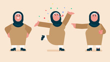 Arabic Woman Character. Different Poses And Emotions, Female Wears Hijab In Traditional Dress Standing, Celebrate Happily, Angry Islamic House Wife Kick Someone Out, Flat Avatar Vector Illustration.