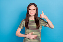 Photo Of Nice Millennial Brunette Lady Thumb Up Wear Green T-shirt Isolated On Blue Color Background