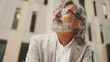 © Andrii Nekrasov - Mature businessman with beard in eyeglasses wearing gray jacket holds cellphone in his hand and looks around pondering
