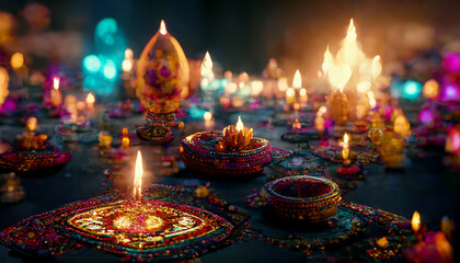 Diwali festival with colorful candles light and bokeh background.