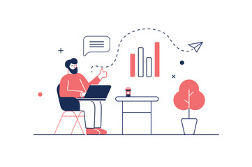 Poster - Digital business concept in flat line design with people scene. Man working at office and developing company, analysis data and graph statistics, create success strategy. Vector illustration for web