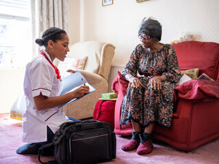 Wall Mural - Elderly woman talking with nurse