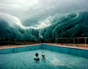 The couple is resting in the pool during a thunderstorm