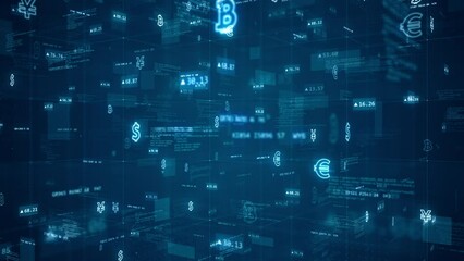 Poster - Motion graphic of Blue digital cyberspace and money icon with program code and element icon levitation on futuristic technology abstract background concept camera zoom in