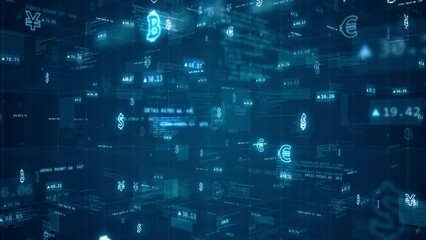 Poster - Motion graphic of Blue digital cyberspace and money icon with program code and element icon levitation on futuristic technology abstract background concept