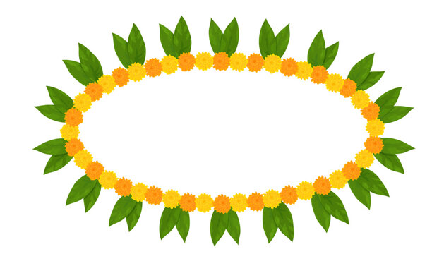 Traditional Indian flower garland frame with marigold flowers and mango leaves. Decoration for Indian Hindu holidays. Vector illustration isolated on white background.