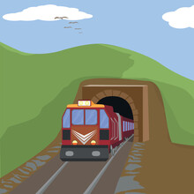 Colorful Red Train Coming Out Of The Tunnel