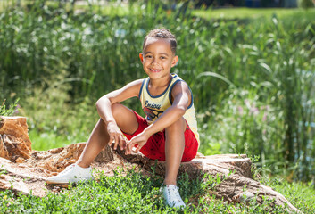 Wall Mural - Happy little boy sitting in summer park